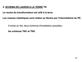 20
5. SCHEMA DE LIAISON A LA TERRE TN
Le neutre du transformateur est relié à la terre.
Les masses métalliques sont reliées au Neutre par l'intermédiaire du PE.
Il existe en fait, deux schémas d'installation possibles :
les schémas TNC et TNS
 