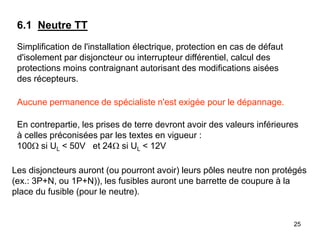 25
Simplification de l'installation électrique, protection en cas de défaut
d'isolement par disjoncteur ou interrupteur différentiel, calcul des
protections moins contraignant autorisant des modifications aisées
des récepteurs.
6.1 Neutre TT
Aucune permanence de spécialiste n'est exigée pour le dépannage.
En contrepartie, les prises de terre devront avoir des valeurs inférieures
à celles préconisées par les textes en vigueur :
100 si UL < 50V et 24 si UL < 12V
Les disjoncteurs auront (ou pourront avoir) leurs pôles neutre non protégés
(ex.: 3P+N, ou 1P+N)), les fusibles auront une barrette de coupure à la
place du fusible (pour le neutre).
 