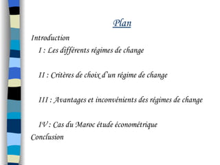 Plan
Introduction
I : Les différents régimes de change
II : Critères de choix d’un régime de change
III : Avantages et inconvénients des régimes de change
IV : Cas du Maroc étude économétrique
Conclusion
 