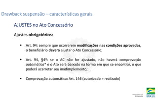 Ajustes obrigatórios:
Art. 94: sempre que ocorrerem modificações nas condições aprovadas,
o beneficiário deverá ajustar o Ato Concessório;
Art. 94, §4º: se o AC não for ajustado, não haverá comprovação
automática* e o Ato será baixado na forma em que se encontrar, o que
poderá acarretar seu inadimplemento;
Comprovação automática: Art. 146 (autorizado = realizado)
Drawback suspensão
Drawback suspensão
Drawback suspensão
Drawback suspensão –
–
–
– características gerais
características gerais
características gerais
características gerais
AJUSTES no Ato Concessório
AJUSTES no Ato Concessório
AJUSTES no Ato Concessório
AJUSTES no Ato Concessório
 