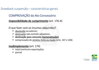 Impossibilidade de cumprimento (art. 176-A)
O que fazer com os insumos adquiridos?
devolução ao exterior;
destruição sob controle aduaneiro;
destinação para consumo (nacionalização);
comprovação de sinistro, furto ou roubo (arts. 167 e 168)
Inadimplemento (art. 174)
total (nenhuma exportação);
parcial
Drawback suspensão
Drawback suspensão
Drawback suspensão
Drawback suspensão –
–
–
– características gerais
características gerais
características gerais
características gerais
COMPROVAÇÃO do Ato Concessório
COMPROVAÇÃO do Ato Concessório
COMPROVAÇÃO do Ato Concessório
COMPROVAÇÃO do Ato Concessório
 