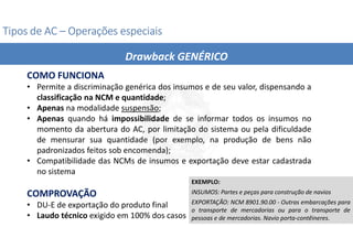 Tipos de AC
Tipos de AC
Tipos de AC
Tipos de AC –
–
–
– Operações especiais
Operações especiais
Operações especiais
Operações especiais
COMO FUNCIONA
• Permite a discriminação genérica dos insumos e de seu valor, dispensando a
classificação na NCM e quantidade;
• Apenas na modalidade suspensão;
• Apenas quando há impossibilidade de se informar todos os insumos no
momento da abertura do AC, por limitação do sistema ou pela dificuldade
de mensurar sua quantidade (por exemplo, na produção de bens não
padronizados feitos sob encomenda);
• Compatibilidade das NCMs de insumos e exportação deve estar cadastrada
no sistema
COMPROVAÇÃO
• DU-E de exportação do produto final
• Laudo técnico exigido em 100% dos casos
Drawback GENÉRICO
EXEMPLO:
INSUMOS: Partes e peças para construção de navios
EXPORTAÇÃO: NCM 8901.90.00 - Outras embarcações para
o transporte de mercadorias ou para o transporte de
pessoas e de mercadorias. Navio porta-contêineres.
 