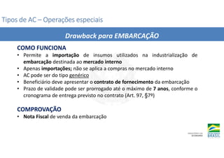 Tipos de AC
Tipos de AC
Tipos de AC
Tipos de AC –
–
–
– Operações especiais
Operações especiais
Operações especiais
Operações especiais
COMO FUNCIONA
• Permite a importação de insumos utilizados na industrialização de
embarcação destinada ao mercado interno
• Apenas importações; não se aplica a compras no mercado interno
• AC pode ser do tipo genérico
• Beneficiário deve apresentar o contrato de fornecimento da embarcação
• Prazo de validade pode ser prorrogado até o máximo de 7 anos, conforme o
cronograma de entrega previsto no contrato (Art. 97, §7º)
COMPROVAÇÃO
• Nota Fiscal de venda da embarcação
Drawback para EMBARCAÇÃO
 