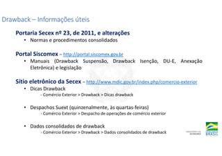 Drawback
Drawback
Drawback
Drawback –
–
–
– Informações úteis
Informações úteis
Informações úteis
Informações úteis
Portaria Secex nº 23, de 2011, e alterações
• Normas e procedimentos consolidados
Portal Siscomex – http://portal.siscomex.gov.br
• Manuais (Drawback Suspensão, Drawback Isenção, DU-E, Anexação
Eletrônica) e legislação
Sítio eletrônico da Secex – http://www.mdic.gov.br/index.php/comercio-exterior
• Dicas Drawback
- Comércio Exterior > Drawback > Dicas drawback
• Despachos Suext (quinzenalmente, às quartas-feiras)
- Comércio Exterior > Despacho de operações de comércio exterior
• Dados consolidados de drawback
- Comércio Exterior > Drawback > Dados consolidados de drawback
 
