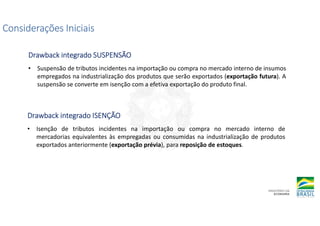 Considerações Iniciais
Considerações Iniciais
Considerações Iniciais
Considerações Iniciais
Drawback integrado SUSPENSÃO
Drawback integrado SUSPENSÃO
Drawback integrado SUSPENSÃO
Drawback integrado SUSPENSÃO
• Suspensão de tributos incidentes na importação ou compra no mercado interno de insumos
empregados na industrialização dos produtos que serão exportados (exportação futura). A
suspensão se converte em isenção com a efetiva exportação do produto final.
Drawback integrado ISENÇÃO
Drawback integrado ISENÇÃO
Drawback integrado ISENÇÃO
Drawback integrado ISENÇÃO
• Isenção de tributos incidentes na importação ou compra no mercado interno de
mercadorias equivalentes às empregadas ou consumidas na industrialização de produtos
exportados anteriormente (exportação prévia), para reposição de estoques.
 