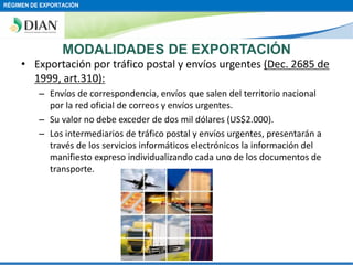 RÉGIMEN DE EXPORTACIÓN

MODALIDADES DE EXPORTACIÓN
• Exportación por tráfico postal y envíos urgentes (Dec. 2685 de
1999, art.310):
– Envíos de correspondencia, envíos que salen del territorio nacional
por la red oficial de correos y envíos urgentes.
– Su valor no debe exceder de dos mil dólares (US$2.000).
– Los intermediarios de tráfico postal y envíos urgentes, presentarán a
través de los servicios informáticos electrónicos la información del
manifiesto expreso individualizando cada uno de los documentos de
transporte.

 