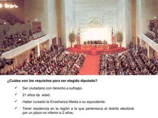 ¿Cuáles son los requisitos para ser elegido diputado?
 Ser ciudadano con derecho a sufragio.
 21 años de edad.
 Haber cursado la Enseñanza Media o su equivalente.
 Tener residencia en la región a la que pertenezca el distrito electoral,
por un plazo no inferior a 2 años.
 