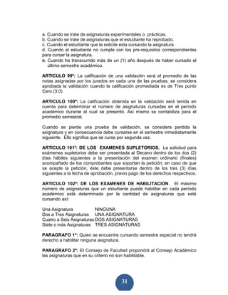 a. Cuando se trate de asignaturas experimentales o prácticas.
b. Cuando se trate de asignaturas que el estudiante ha reprobado.
c. Cuando el estudiante que la solicite esta cursando la asignatura.
d. Cuando el estudiante no cumple con los pre-requisitos correspondientes
para cursar la asignatura.
e. Cuando ha transcurrido más de un (1) año después de haber cursado el
   último semestre académico.

ARTICULO 99º: La calificación de una validación será el promedio de las
notas asignadas por los jurados en cada una de las pruebas, se considera
aprobada la validación cuando la calificación promediada es de Tres punto
Cero (3.0)

ARTICULO 100º: La calificación obtenida en la validación será tenida en
cuenta para determinar el número de asignaturas cursadas en el período
académico durante el cual se presentó. Así mismo se contabiliza para el
promedio semestral.

Cuando se pierde una prueba de validación, se considera perdida la
asignatura y en consecuencia debe cursarse en el semestre inmediatamente
siguiente. Ello significa que se cursa por segunda vez.

ARTICULO 101º: DE LOS EXAMENES SUPLETORIOS. La solicitud para
exámenes supletorios debe ser presentada al Decano dentro de los dos (2)
días hábiles siguientes a la presentación del examen ordinario (finales)
acompañado de los comprobantes que soportan la petición; en caso de que
se acepte la petición, éste debe presentarse dentro de los tres (3) días
siguientes a la fecha de aprobación, previo pago de los derechos respectivos.

ARTICULO 102º: DE LOS EXAMENES DE HABILITACION. El máximo
número de asignaturas que un estudiante puede habilitar en cada período
académico está determinado por la cantidad de asignaturas que esté
cursando así:

Una Asignatura            NINGUNA
Dos a Tres Asignaturas UNA ASIGNATURA
Cuatro a Seis Asignaturas DOS ASIGNATURAS
Siete o más Asignaturas TRES ASIGNATURAS

PARAGRAFO 1º: Quien se encuentre cursando semestre especial no tendrá
derecho a habilitar ninguna asignatura.

PARAGRAFO 2º: El Consejo de Facultad propondrá al Consejo Académico
las asignaturas que en su criterio no son habilitable.




                                       31
 