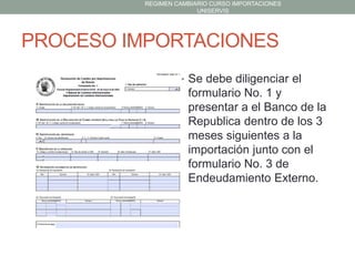 REGIMEN CAMBIARIO CURSO IMPORTACIONES
UNISERVIS

PROCESO IMPORTACIONES
• Se debe diligenciar el

formulario No. 1 y
presentar a el Banco de la
Republica dentro de los 3
meses siguientes a la
importación junto con el
formulario No. 3 de
Endeudamiento Externo.

 