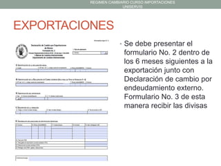 REGIMEN CAMBIARIO CURSO IMPORTACIONES
UNISERVIS

EXPORTACIONES
• Se debe presentar el

formulario No. 2 dentro de
los 6 meses siguientes a la
exportación junto con
Declaración de cambio por
endeudamiento externo.
Formulario No. 3 de esta
manera recibir las divisas

 