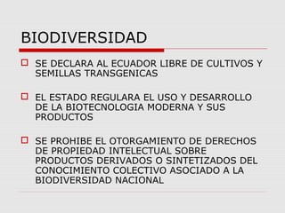 BIODIVERSIDAD
 SE DECLARA AL ECUADOR LIBRE DE CULTIVOS Y
SEMILLAS TRANSGENICAS
 EL ESTADO REGULARA EL USO Y DESARROLLO
DE LA BIOTECNOLOGIA MODERNA Y SUS
PRODUCTOS
 SE PROHIBE EL OTORGAMIENTO DE DERECHOS
DE PROPIEDAD INTELECTUAL SOBRE
PRODUCTOS DERIVADOS O SINTETIZADOS DEL
CONOCIMIENTO COLECTIVO ASOCIADO A LA
BIODIVERSIDAD NACIONAL
 