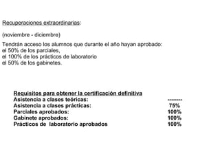 Tendrán acceso los alumnos que durante el año hayan aprobado:  el 50% de los parciales,  el 100% de los prácticos de laboratorio  el 50% de los gabinetes.  Recuperaciones extraordinarias : (noviembre - diciembre) Requisitos para obtener la certificación definitiva   Asistencia a clases teóricas:   -------- Asistencia a clases prácticas:    75% Parciales aprobados: 100% Gabinete aprobados: 100% Prácticos de  laboratorio aprobados 100% 