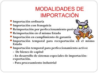 MODALIDADES DE
                   IMPORTACIÓN
 Importación ordinaria
 Importación con franquicia
 Reimportación por perfeccionamiento pasivo
 Reimportación en el mismo Estado
 Importación en cumplimiento de garantía
 Importación temporal para reexportación en el mismo
  Estado
 Importación temporal para perfeccionamiento activo:
  - De bienes de capital
  - En desarrollo de sistemas especiales de importación-
  exportación.
  - Para procesamiento industrial
 