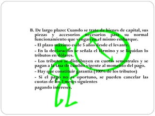 B. De largo plazo: Cuando se trate de bienes de capital, sus
  piezas y accesorios necesarios para su normal
  funcionamiento que vengan en el mismo embarque.
  - El plazo máximo es de 5 años desde el levante.
  - En la declaración se señala el término y se liquidan lo
  tributos en dólares.
  - Los tributos se distribuyen en cuotas semestrales y se
  pagan a la tasa de cambio vigente al momento del pago.
  - Hay que constituir garantía (100% de los tributos)
  - Si el pago no es oportuno, se pueden cancelar las
  cuotas de los 3 meses siguientes
  pagando intereses.
 