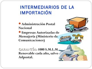 INTERMEDIARIOS DE LA
IMPORTACIÓN

Administración Postal
Nacional
Empresas Autorizadas de
Mensajería (Ministerio de
Comunicaciones)

GARANTÍA: 1000 S.M.L.M
Renovable cada año, salvo
Adpostal.
 