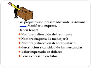Los paquetes son presentados ante la Aduana
      Manifiesto expreso.
Deben tener:
Nombre y dirección del remitente
Nombre empresa de mensajería
Nombre y dirección del destinatario
descripción y cantidad de las mercancías
Valor expresado en dólares
Peso expresado en Kilos.
 