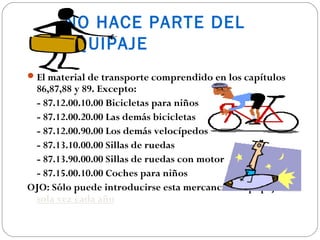 NO HACE PARTE DEL
        EQUIPAJE
 El material de transporte comprendido en los capítulos
 86,87,88 y 89. Excepto:
 - 87.12.00.10.00 Bicicletas para niños
 - 87.12.00.20.00 Las demás bicicletas
 - 87.12.00.90.00 Los demás velocípedos
 - 87.13.10.00.00 Sillas de ruedas
 - 87.13.90.00.00 Sillas de ruedas con motor
 - 87.15.00.10.00 Coches para niños
OJO: Sólo puede introducirse esta mercancía o equipaje Una
 sola vez cada año
 