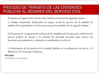 El tránsito al régimen del servicio civil, incluyen al menos los siguientes pasos:
a) Análisis situacional. Incluyendo un mapeo actual de puestos de la entidad, de
análisis de los principales servicios a prestar por la entidad y de la carga de trabajo.
b) Propuesta de reorganización incluyendo la simplificación de procesos, definición de
nuevos perfiles de puesto y la cantidad de personal necesario para ejercer sus
funciones adecuadamente, realizada en coordinación con Servir.
c) Valorización de los puestos de la entidad pública en coordinación con Servir y el
Ministerio de Economía y Finanzas.
Base Legal:Base Legal:
Tercera Disp. Com. Transitoria.
PROCESO DE TRÁNSITO DE LAS ENTIDADESPROCESO DE TRÁNSITO DE LAS ENTIDADES
PÚBLICAS AL RÉGIMEN DEL SERVICIO CIVILPÚBLICAS AL RÉGIMEN DEL SERVICIO CIVIL
 