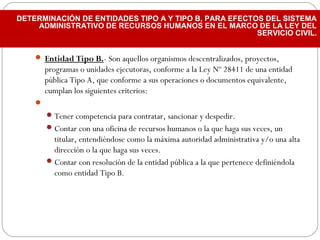  Entidad Tipo B.- Son aquellos organismos descentralizados, proyectos,
programas o unidades ejecutoras, conforme a la Ley Nº 28411 de una entidad
pública Tipo A, que conforme a sus operaciones o documentos equivalente,
cumplan los siguientes criterios:
  
Tener competencia para contratar, sancionar y despedir.
Contar con una oficina de recursos humanos o la que haga sus veces, un
titular, entendiéndose como la máxima autoridad administrativa y/o una alta
dirección o la que haga sus veces.
Contar con resolución de la entidad pública a la que pertenece definiéndola
como entidad Tipo B.
DETERMINACIÓN DE ENTIDADES TIPO A Y TIPO B, PARA EFECTOS DEL SISTEMA
ADMINISTRATIVO DE RECURSOS HUMANOS EN EL MARCO DE LA LEY DEL
SERVICIO CIVIL.
 