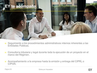 Página 53 Obras por Impuestos
► Seguimiento a los procedimientos administrativos internos inherentes a las
Entidades Públicas.
► Consultoría tributaria y legal durante toda la ejecución de un proyecto en el
marco del Régimen.
► Acompañamiento a la empresa hasta la emisión y entrega del CIPRL o
CIPGN.
EY te acompaña
 
