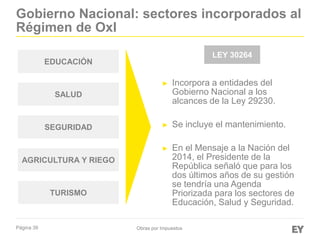 Página 39 Obras por Impuestos
EDUCACIÓN
SALUD
SEGURIDAD
AGRICULTURA Y RIEGO
TURISMO
► Incorpora a entidades del
Gobierno Nacional a los
alcances de la Ley 29230.
► Se incluye el mantenimiento.
► En el Mensaje a la Nación del
2014, el Presidente de la
República señaló que para los
dos últimos años de su gestión
se tendría una Agenda
Priorizada para los sectores de
Educación, Salud y Seguridad.
LEY 30264
Gobierno Nacional: sectores incorporados al
Régimen de OxI
 