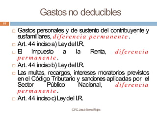 Gastosno deducibles
C.P
.C.JosuéBernalRojas
93
 Gastos personales y de sustento del contribuyente y
susfamiliares, difere...