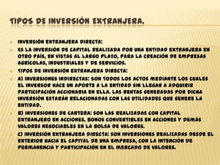 TIPOS DE INVERSIÓN EXTRANJERA.










Inversión extranjera directa:
Es la inversión de capital realizada por una entidad extranjera en
otro país, en vistas al largo plazo, para la creación de empresas
agrícolas, industriales y de servicios.
Tipos de Inversión extranjera directa:
A) Inversiones indirectas: Son todos los actos mediante los cuales
el inversor hace un aporte a la entidad sin llegar a adquirir
participación accionaria en ella. Las rentas generadas por dicha
inversión estarán relacionadas con las utilidades que genere la
entidad.
B) inversiones de cartera: son las realizadas con capital
extranjero en acciones, bonos convertibles en acciones y demás
valores negociables en la bolsa de valores.
C) Inversión extranjera directa: son inversiones realizadas desde el
exterior hacia el capital de una empresa, con la intención de
permanencia y participación en el mercado de valores.

 