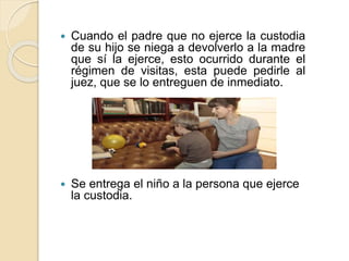  Cuando el padre que no ejerce la custodia
de su hijo se niega a devolverlo a la madre
que sí la ejerce, esto ocurrido durante el
régimen de visitas, esta puede pedirle al
juez, que se lo entreguen de inmediato.
 Se entrega el niño a la persona que ejerce
la custodia.
 