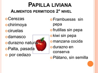 PAPILLA LIVIANA
ALIMENTOS PERMITIDOS 2° NIVEL
Cerezas
chirimoya
ciruelas
damasco
durazno natural
Palta, pasada
 por cedazo
Frambuesas sin
pepa
frutillas sin pepa
kiwi sin pepa
manzana cocida
durazno en
conserva
Plátano, sin semilla
 