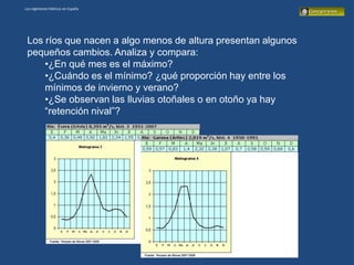 Los regímenes hídricos en España




 Los ríos que nacen a algo menos de altura presentan algunos
 pequeños cambios. Analiza y compara:
     •¿En qué mes es el máximo?
     •¿Cuándo es el mínimo? ¿qué proporción hay entre los
     mínimos de invierno y verano?
     •¿Se observan las lluvias otoñales o en otoño ya hay
     “retención nival”?
 