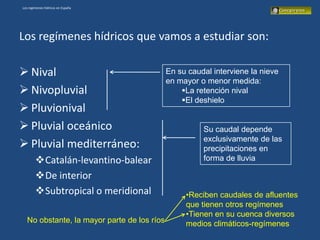 Los regímenes hídricos en España




Los regímenes hídricos que vamos a estudiar son:

 Nival                                      En su caudal interviene la nieve
                                             en mayor o menor medida:
 Nivopluvial                                    La retención nival
                                                 El deshielo
 Pluvionival
 Pluvial oceánico                                     Su caudal depende
                                                       exclusivamente de las
 Pluvial mediterráneo:                                precipitaciones en
        Catalán-levantino-balear                      forma de lluvia

        De interior
        Subtropical o meridional                 •Reciben caudales de afluentes
                                                  que tienen otros regímenes
                                                  •Tienen en su cuenca diversos
   No obstante, la mayor parte de los ríos        medios climáticos-regímenes
 