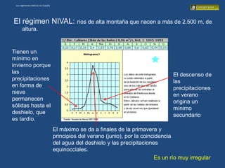 Los regímenes hídricos en España




El régimen NIVAL: ríos de alta montaña que nacen a más de 2.500 m. de
      altura.



Tienen un
mínimo en
invierno porque
las                                                                                   El descenso de
precipitaciones                                                                       las
en forma de                                                                           precipitaciones
nieve                                                                                 en verano
permanecen                                                                            origina un
sólidas hasta el                                                                      mínimo
deshielo, que                                                                         secundario
es tardío.
                                    El máximo se da a finales de la primavera y
                                    principios del verano (junio), por la coincidencia
                                    del agua del deshielo y las precipitaciones
                                    equinocciales.
                                                                               Es un río muy irregular
 