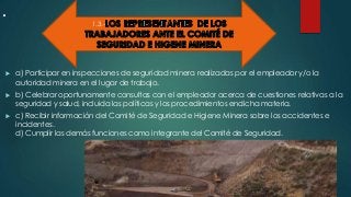 . 
1.3.- 
 a) Participar en inspecciones de seguridad minera realizadas por el empleador y/o la 
autoridad minera en el lugar de trabajo. 
 b) Celebrar oportunamente consultas con el empleador acerca de cuestiones relativas a la 
seguridad y salud, incluida las políticas y los procedimientos endicha materia. 
 c) Recibir información del Comité de Seguridad e Higiene Minera sobre los accidentes e 
incidentes. 
d) Cumplir las demás funciones como integrante del Comité de Seguridad. 
 