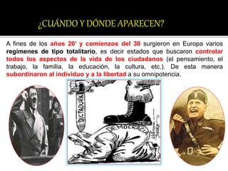 A fines de los años 20’ y comienzos del 30 surgieron en Europa varios
regímenes de tipo totalitario, es decir estados que buscaron controlar
todos los aspectos de la vida de los ciudadanos (el pensamiento, el
trabajo, la familia, la educación, la cultura, etc.). De esta manera
subordinaron al individuo y a la libertad a su omnipotencia.
¿CUÁNDO Y DÓNDE APARECEN?
 
