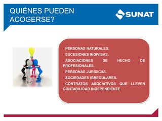 QUIÉNES PUEDEN
ACOGERSE?
 PERSONAS NATURALES.
 SUCESIONES INDIVISAS.
 ASOCIACIONES DE HECHO DE
PROFESIONALES.
 PERSONAS JURÍDICAS.
 SOCIEDADES IRREGULARES.
 CONTRATOS ASOCIATIVOS QUE LLEVEN
CONTABILIDAD INDEPENDIENTE.
 