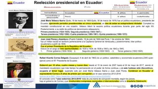Reelección presidencial en Ecuador:
Rafael Vicente Correa Delgado (Guayaquil, 6 de abril de 1963) es un político, catedrático y economista ecuatoriano,2345 quien
ejerció como el 45° Presidente de Ecuador.
Gobernó por 10 años, cuatro meses y nueve días: desde el 15 de enero de 2007 hasta el 24 de mayo de 2017, siendo el
mandatario ecuatoriano que más tiempo ha permanecido en el poder de forma continua, y si este hubiese sido discontinuo,
ocuparía el tercer lugar, superado solo por José María Velasco Ibarra y Juan José Flores. Condenan en Ecuador al
expresidente Correa a 8 años de prisión por corrupción por el caso sobornos 2012-2016
Noticia de la BBC: https://www.bbc.com/mundo/noticias-america-latina-52205452
El conocido como "caso sobornos 2012-2016" trata de una trama de corrupción montada, según los jueces,
bajo el gobierno de Correa y que involucraba a empresas nacionales e internacionales como la brasileña Odebrecht.
José María Velasco Ibarra (Quito, 19 de marzo de 1893-Quito, 30 de marzo de 1979) fue un político ecuatoriano, presidente del
Ecuador, ejerciendo períodos presidenciales en cinco ocasiones, en dos de estas se autoproclamó dictador. Completó su
mandato constitucional en una ocasión. Velasco lideró la escena política ecuatoriana durante gran parte del siglo XX.
Posteriormente, a su estilo de política se denominaría velasquismo.
Primera presidencia (1934-1935)- Segunda presidencia (1944-1947) –
Tercera presidencia (1952-1956) -Cuarta presidencia (1960-1961) -Quinta presidencia (1968-1972)
Juan José Flores y Aramburu (Puerto Cabello, 19 de julio de 1800-Isla Puná, 1 de octubre de 1864)
fue un militar nacido en territorio perteneciente a la Capitanía General de Venezuela y, posteriormente, líder político
ecuatoriano a partir de 1830.
Fue el primer Presidente de la República del Ecuador.
Estuvo en el cargo en tres oportunidades: de 1830 a 1834; de 1839 a 1843 y de 1843 a 1845.
1. Primer gobierno (1830-1834) 2. Segundo gobierno (1839-1843) - 3. Tercer gobierno (1843-1845)
 