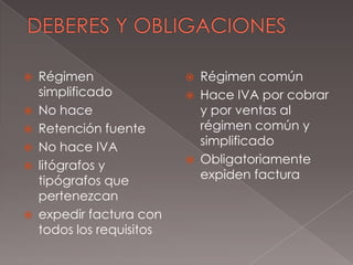 REQUISITOSpersona jurídicajurídicas serán siempre del régimen común sin importar sus ingresos.obligado a facturar, a cobrar IVA, a declarar y a llevar contabilidad. El régimen simplificado no está obligado a ninguna de ellas. [Los responsables del régimen común deben solicitar autorización par facturar.Los responsables del régimen común deben declarar renta.Pertenecer al régimen común implica estar formalizado, entre tanto el régimen simplificado se caracteriza por ser informal.