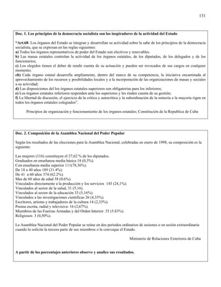 131



Doc. 1. Los principios de la democracia socialista son los inspiradores de la actividad del Estado

“Art.68: Los órganos del Estado se integran y desarrollan su actividad sobre la sabe de los principios de la democracia
socialista, que se expresan en las reglas siguientes:
a) Todos los órganos representativos de poder del Estado son electivos y renovables.
b) Las masas estatales controlan la actividad de los órganos estatales, de los diputados, de los delegados y de los
funcionarios;
c) Los elegidos tienen el deber de rendir cuenta de su actuación y pueden ser revocados de sus cargos en cualquier
momento;
ch) Cada órgano estatal desarrolla ampliamente, dentro del marco de su competencia, la iniciativa encaminada al
aprovechamiento de los recursos y posibilidades locales y a la incorporación de las organizaciones de masas y sociales
a su actividad;
d) Las disposiciones del los órganos estatales superiores son obligatorias para los inferiores;
e) Los órganos estatales inferiores responden ante los superiores y les rinden cuenta de su gestión;
f) La libertad de discusión, el ejercicio de la crítica y autocrítica y la subordinación de la minoría a la mayoría rigen en
todos los órganos estatales colegiados”.

       Principios de organización y funcionamiento de los órganos estatales; Constitución de la Republica de Cuba




Doc. 2. Composición de la Asamblea Nacional del Poder Popular

Según los resultados de las elecciones para la Asamblea Nacional, celebradas en enero de 1998, su composición es la
siguiente:

Las mujeres (116) constituyen el 27,62 % de los diputados.
Graduados en enseñanza media básica 18 (0,3%).
Con enseñanza media superior 111(78,36%).
De 18 a 40 años 189 (31.4%).
De 41 a 60 años 374 (62.2%).
Mas de 60 años de edad 38 (0.6%).
Vinculados directamente a la producción y los servicios 145 (24,1%).
Vinculados al sector de la salud, 31 (5,16).
Vinculados al sector de la educación 33 (5,16%).
Vinculados a las investigaciones científicas 26 (4,33%).
Escritores, artistas y trabajadores de la cultura 14 (2,33%).
Prensa escrita, radial y televisiva: 16 (2,67%).
Miembros de las Fuerzas Armadas y del Orden Interior: 35 (5.83%).
Religiosos: 3 (0,50%).

La Asamblea Nacional del Poder Popular se reúne en dos períodos ordinarios de sesiones o en sesión extraordinaria
cuando lo solicite la tercera parte de sus miembros o la convoque el Estado.

                                                                          Ministerio de Relaciones Exteriores de Cuba


A partir de los porcentajes anteriores observe y analice sus resultados.
 
