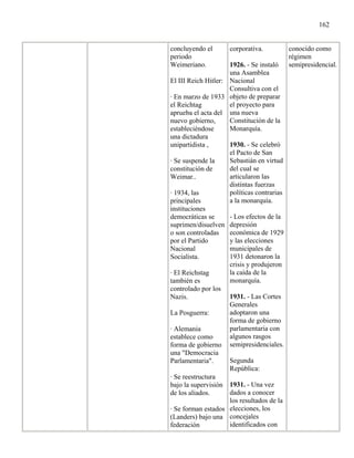 162


concluyendo el       corporativa.           conocido como
periodo                                     régimen
Weimeriano.          1926. - Se instaló     semipresidencial.
                     una Asamblea
El III Reich Hitler: Nacional
                     Consultiva con el
· En marzo de 1933 objeto de preparar
el Reichtag          el proyecto para
aprueba el acta del una nueva
nuevo gobierno,      Constitución de la
estableciéndose      Monarquía.
una dictadura
unipartidista ,      1930. - Se celebró
                     el Pacto de San
· Se suspende la     Sebastián en virtud
constitución de      del cual se
Weimar..             articularon las
                     distintas fuerzas
· 1934, las          políticas contrarias
principales          a la monarquía.
instituciones
democráticas se      - Los efectos de la
suprimen/disuelven depresión
o son controladas    económica de 1929
por el Partido       y las elecciones
Nacional             municipales de
Socialista.          1931 detonaron la
                     crisis y produjeron
· El Reichstag       la caída de la
también es           monarquía.
controlado por los
Nazis.               1931. - Las Cortes
                     Generales
La Posguerra:        adoptaron una
                     forma de gobierno
· Alemania           parlamentaria con
establece como       algunos rasgos
forma de gobierno semipresidenciales.
una "Democracia
Parlamentaria".      Segunda
                     República:
· Se reestructura
bajo la supervisión 1931. - Una vez
de los aliados.      dados a conocer
                     los resultados de la
· Se forman estados elecciones, los
(Landers) bajo una concejales
federación           identificados con
 