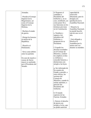 173


Armadas.                d. Proponer el          capacidad de
                        candidato a             removerlo
· Preside el Consejo    Presidente del          libremente, pero lo
Superior de la          Gobierno y, en su       designa con
Magistratura, así       caso, nombrarlo, así    aprobación de la
como el Consejo         como poner fin a        Asamblea Nacional.
Superior de la          sus funciones en los
Defensa.                términos previstos      · Disuelve la
                        en la Constitución.     Asamblea Nacional,
· Declara el estado                             no puede hacerlo
de guerra.              e. Nombrar y            más de una vez al
                        separar a los           año,
· Otorga los honores    miembros del
al mérito de la         Gobierno, a             · Está obligado a
República.              propuesta de su         Disolver la
                        Presidente.             Asamblea por lo
· Disuelve al                                   menos una vez
Parlamento.             f. Expedir los          durante su mandato.
                        decretos acordados
· Sirve como árbitro    en el Consejo de
entre los partidos      Ministros, conferir
                        los empleos civiles
En caso de muerte o     y militares y
causas de fuerza        conceder honores y
mayor es sustituído     distinciones con
por el Presidente del   arreglo a las leyes.
Senado.
                        g. Ser informado de
                        los asuntos de
                        Estado y presidir, a
                        estos efectos, las
                        sesiones del
                        Consejo de
                        Ministros, cuando lo
                        estime oportuno, a
                        petición del
                        Presidente del
                        Gobierno.

                        h. El mando
                        supremo de las
                        Fuerzas Armadas.

                        i. Ejercer el derecho
                        de gracia con
                        arreglo a la ley, que
                        no podrá autorizar
 