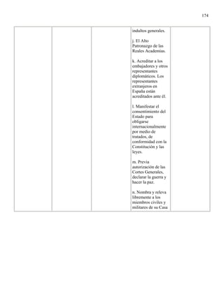 174


indultos generales.

j. El Alto
Patronazgo de las
Reales Academias.

k. Acreditar a los
embajadores y otros
representantes
diplomáticos. Los
representantes
extranjeros en
España están
acreditados ante él.

l. Manifestar el
consentimiento del
Estado para
obligarse
internacionalmente
por medio de
tratados, de
conformidad con la
Constitución y las
leyes.

m. Previa
autorización de las
Cortes Generales,
declarar la guerra y
hacer la paz.

n. Nombra y releva
libremente a los
miembros civiles y
militares de su Casa
 