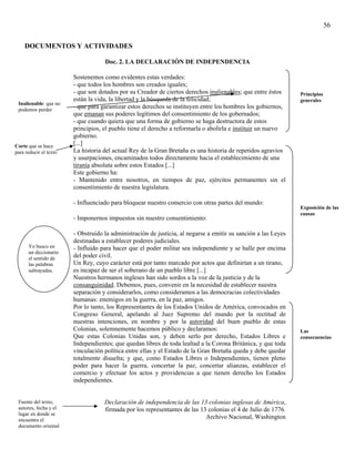 56


    DOCUMENTOS Y ACTIVIDADES

                                    Doc. 2. LA DECLARACIÓN DE INDEPENDENCIA

                        Sostenemos como evidentes estas verdades:
                        - que todos los hombres son creados iguales;
                        - que son dotados por su Creador de ciertos derechos inalienables; que entre éstos      Principios
                        están la vida, la libertad y la búsqueda de la felicidad;                               generales
 Inalienable: que no
 podemos perder
                        - que para garantizar estos derechos se instituyen entre los hombres los gobiernos,
                        que emanan sus poderes legítimos del consentimiento de los gobernados;
                        - que cuando quiera que una forma de gobierno se haga destructora de estos
                        principios, el pueblo tiene el derecho a reformarla o abolirla e instituir un nuevo
                        gobierno.
Corte que se hace
                        [...]
para reducir el texto   La historia del actual Rey de la Gran Bretaña es una historia de repetidos agravios
                        y usurpaciones, encaminados todos directamente hacia el establecimiento de una
                        tiranía absoluta sobre estos Estados [...]
                        Este gobierno ha:
                        - Mantenido entre nosotros, en tiempos de paz, ejércitos permanentes sin el
                        consentimiento de nuestra legislatura.

                        - Influenciado para bloquear nuestro comercio con otras partes del mundo:
                                                                                                                Exposición de las
                                                                                                                causas
                        - Imponernos impuestos sin nuestro consentimiento:

                        - Obstruido la administración de justicia, al negarse a emitir su sanción a las Leyes
                        destinadas a establecer poderes judiciales.
      Yo busco en       - Influido para hacer que el poder militar sea independiente y se halle por encima
      un diccionario
      el sentido de     del poder civil.
      las palabras      Un Rey, cuyo carácter está por tanto marcado por actos que definirían a un tirano,
      subrayadas.       es incapaz de ser el soberano de un pueblo libre [...]
                        Nuestros hermanos ingleses han sido sordos a la voz de la justicia y de la
                        consanguinidad. Debemos, pues, convenir en la necesidad de establecer nuestra
                        separación y considerarlos, como consideramos a las democracias colectividades
                        humanas: enemigos en la guerra, en la paz, amigos.
                        Por lo tanto, los Representantes de los Estados Unidos de América, convocados en
                        Congreso General, apelando al Juez Supremo del mundo por la rectitud de
                        nuestras intenciones, en nombre y por la autoridad del buen pueblo de estas
                        Colonias, solemnemente hacemos público y declaramos:                                    Las
                        Que estas Colonias Unidas son, y deben serlo por derecho, Estados Libres e              consecuencias
                        Independientes; que quedan libres de toda lealtad a la Corona Británica, y que toda
                        vinculación política entre ellas y el Estado de la Gran Bretaña queda y debe quedar
                        totalmente disuelta; y que, como Estados Libres o Independientes, tienen pleno
                        poder para hacer la guerra, concertar la paz, concertar alianzas, establecer el
                        comercio y efectuar los actos y providencias a que tienen derecho los Estados
                        independientes.


 Fuente del texto,                  Declaración de independencia de las 13 colonias inglesas de América,
 autores, fecha y el                firmada por los representantes de las 13 colonias el 4 de Julio de 1776.
 lugar en donde se
 encuentra el
                                                                            Archivo Nacional, Washington
 documento original
 