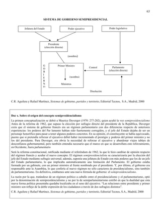 63

                            SISTEMA DE GOBIERNO SEMIPRESIDENCIAL


           Jefatura del Estado                     Poder ejecutivo                  Poder legislativo




                                 Presidente
                             (elección directa)


                                                  (nombra)


                            G             Primer Ministro
                            O                                        Control           Parlamento
                            B                                                       (elección directa)
                            I
                            E                       (nombra)
                            R
                            N                Ministros
                            O
                                                                     Disolución


C.R. Aguilera y Rafael Martínez, Sistemas de gobierno, partidos y territorio, Editorial Tecnos, S.A., Madrid, 2000



Doc x. Sobre el origen del concepto semipresidencialismo
La primen conceptualización se debió a Maurice Duverger (1970: 277-282), quien acuñó la voz semipresidencialismo
Antes de la reforma de 1962, que supuso la elección por sufragio directo del presidente de la República, Duverger
creía que el sistema de gobierno francés era un régimen parlamentario con dos diferencias respecto de anteriores
experiencias: los poderes del Par lamento habían sido fuertemente corregidos, y el jefe del Estado dejaba de ser un
personaje honorífico para pasar a tener algunos poderes concretos. En su opinión, el constituyente se había equivocado,
puesto que si pretendía reforzar el ejecutivo debió haber incrementado el prestigio y poderes del primer ministro y no
los del presidente. Para Duverger, era obvia la necesidad de reforzar el ejecutivo y abandonar viejos tabúes de
desconfianza gubernamental, pero también entendía necesario que el marco en que se desarrollara este reforzamiento,
en Occidente, fuera parlamentario
Será la reforma constitucional, ratificada mediante el referéndum de 1962, la que le hizo cambiar de opinión respecto
del régimen francés y acuñar el nuevo concepto. El régimen semipresidencialista se caracterizaría por la elección del
jefe del Estado mediante sufragio universal; además, suponía una jefatura de Estado con más poderes que los de un jefe
del Estado parlamentario, lo que implicaba automáticamente una limitación del Parlamento. El gobierno estaba
formado por un gabinete, con un primer ministro al frente nombrado por el presidente. Y, por último, el gobierno era
responsable ante la Asamblea, lo que confería al nuevo régimen no sólo caracteres de presidencialismo, sino también
de parlamentarismo. En definitiva, estábamos ante una nueva fórmula de gobierno: el semipresidencialismo.
La razón por la que, tratándose de un régimen político a caballo entre el presidencialismo y el parlamentarismo, optó
por la denominación de semipresidencialismo y no por la de semiparlamentarismo estribó en que la dualidad que esta
nueva forma política presentaba quedaba localizaba en el seno del ejecutivo. “Las relaciones entre presidente y primer
ministro son reflejo de la doble expresión de los ciudadanos a través de dos sufragios distintos”.
C.R. Aguilera y Rafael Martínez, Sistemas de gobierno, partidos y territorio, Editorial Tecnos, S.A., Madrid, 2000
 
