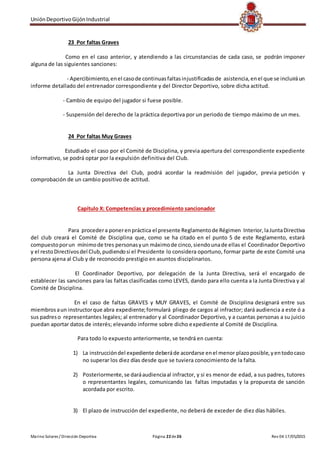 UniónDeportivoGijónIndustrial
Marino Solares / Dirección Deportiva Página 22de26 Rev 04 17/05/2015
23 Por faltas Graves
Como en el caso anterior, y atendiendo a las circunstancias de cada caso, se podrán imponer
alguna de las siguientes sanciones:
- Apercibimiento,enel casode continuasfaltasinjustificadasde asistencia,enel que se incluiráun
informe detallado del entrenador correspondiente y del Director Deportivo, sobre dicha actitud.
- Cambio de equipo del jugador si fuese posible.
- Suspensión del derecho de la práctica deportiva por un periodo de tiempo máximo de un mes.
24 Por faltas Muy Graves
Estudiado el caso por el Comité de Disciplina, y previa apertura del correspondiente expediente
informativo, se podrá optar por la expulsión definitiva del Club.
La Junta Directiva del Club, podrá acordar la readmisión del jugador, previa petición y
comprobación de un cambio positivo de actitud.
Capítulo X: Competencias y procedimiento sancionador
Para procedera ponerenpráctica el presente Reglamentode Régimen Interior,laJuntaDirectiva
del club creará el Comité de Disciplina que, como se ha citado en el punto 5 de este Reglamento, estará
compuestoporun mínimode tres personasyun máximode cinco,siendounade ellas el Coordinador Deportivo
y el restoDirectivosdel Club,pudiendosi el Presidente lo considera oportuno, formar parte de este Comité una
persona ajena al Club y de reconocido prestigio en asuntos disciplinarios.
El Coordinador Deportivo, por delegación de la Junta Directiva, será el encargado de
establecer las sanciones para las faltas clasificadas como LEVES, dando para ello cuenta a la Junta Directiva y al
Comité de Disciplina.
En el caso de faltas GRAVES y MUY GRAVES, el Comité de Disciplina designará entre sus
miembrosaun instructorque abra expediente;formulará pliego de cargos al infractor; dará audiencia a este ó a
sus padreso representantes legales; al entrenador y al Coordinador Deportivo, y a cuantas personas a su juicio
puedan aportar datos de interés; elevando informe sobre dicho expediente al Comité de Disciplina.
Para todo lo expuesto anteriormente, se tendrá en cuenta:
1) La instruccióndel expediente deberáde acordarse enel menor plazoposible,yentodocaso
no superar los diez días desde que se tuviera conocimiento de la falta.
2) Posteriormente,se daráaudienciaal infractor, y si es menor de edad, a sus padres, tutores
o representantes legales, comunicando las faltas imputadas y la propuesta de sanción
acordada por escrito.
3) El plazo de instrucción del expediente, no deberá de exceder de diez días hábiles.
 