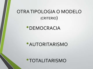 OTRATIPOLOGIA O MODELO
(CRITERIO)
•DEMOCRACIA
•AUTORITARISMO
•TOTALITARISMO
 
