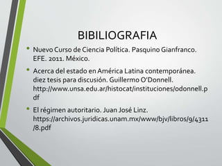 BIBILIOGRAFIA
• Nuevo Curso de Ciencia Política. Pasquino Gianfranco.
EFE. 2011. México.
• Acerca del estado en América Latina contemporánea.
diez tesis para discusión. Guillermo O’Donnell.
http://www.unsa.edu.ar/histocat/instituciones/odonnell.p
df
• El régimen autoritario. Juan José Linz.
https://archivos.juridicas.unam.mx/www/bjv/libros/9/4311
/8.pdf
 