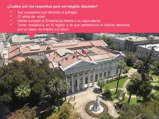 ¿Cuáles son los requisitos para ser elegido diputado?
 Ser ciudadano con derecho a sufragio.
 21 años de edad.
 Haber cursado la Enseñanza Media o su equivalente.
 Tener residencia en la región a la que pertenezca el distrito electoral,
por un plazo no inferior a 2 años.
 