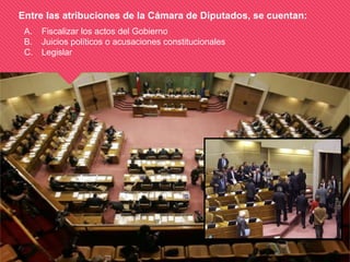 Entre las atribuciones de la Cámara de Diputados, se cuentan:
A. Fiscalizar los actos del Gobierno
B. Juicios políticos o acusaciones constitucionales
C. Legislar
 