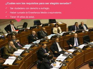 ¿Cuáles son los requisitos para ser elegido senador?
 Ser ciudadano con derecho a sufragio.
 Haber cursado la Enseñanza Media o equivalente.
 Tener 35 años de edad.
 