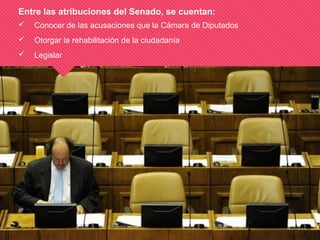 Entre las atribuciones del Senado, se cuentan:
 Conocer de las acusaciones que la Cámara de Diputados
 Otorgar la rehabilitación de la ciudadanía
 Legislar
 